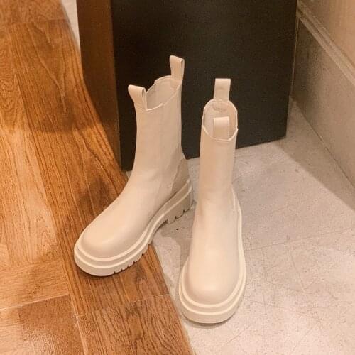 Women Boots Genuine Leather Chelsea Non-slip Female The New Fashion Black White Square Toe Square Heel Botas Altas Mujer