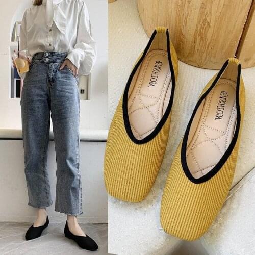 2021 Cotton Fabric Flats Shoes Women Yellow Ballerina Socks Shoes Women Loafers Slip on Flat Heel Mule Shoes Plus Size 43