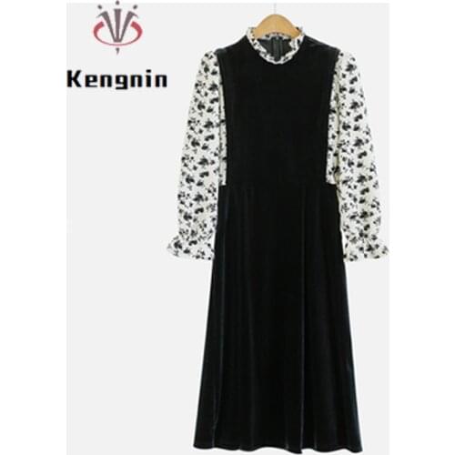 Oversized Women Dress 2021 New Spring Autumn Ladies Vestidos Print Patchwork Velvet Female Robe Fake Two Piece OL Dresses