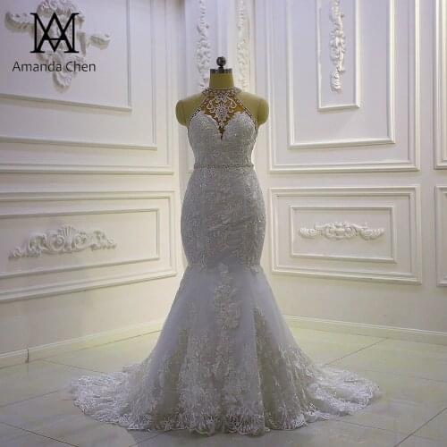 Robe ceremonie femme Halter Lace Appliques Mermaid Wedding dress