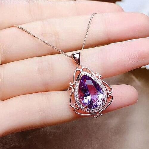 Vintage carving purple crystal amethyst gemstones diamonds pendant necklaces for women rose gold color choker chain jewelry
