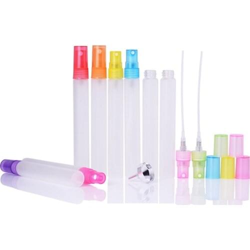10ML 100pcs/Lot Mini Frosted Glass Perfume Bottle Plastic Spray Pump 6 Colors Portable Travel Perfumes Atomizer Empty Container
