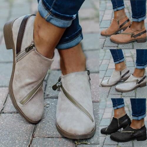 Ladies Low Heel Ankle Boots For Women Solid Color Round Toe Zipper Belt Nude Boots Large Size High Quality Short Boot Women Shoe