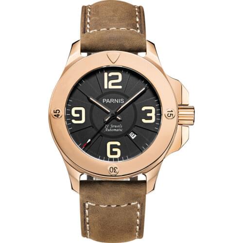 Parnis Commander Seriers Luminous Mens Sapphire Glass Leather Watchband Military Sport Automatic Mechanical Watch Wristwatch