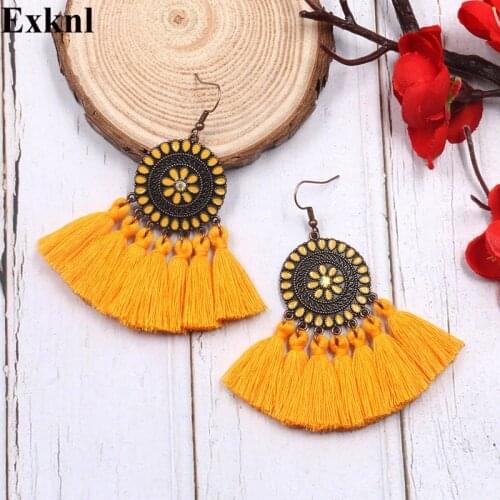Exknl Fringed Long Drop Tassel Earrings Fashion Vintage Dangle Flower Bohemian Earrings for Women Ethnic Party Earrings Jewelry