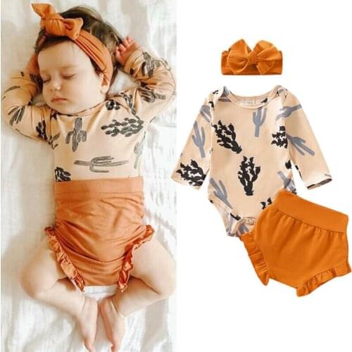 3Pcs Newborn Toddler Baby Girl Clothes Rompers Bodysuit Cute Cactus T-shirt Top+Shorts Pants+Headband Outfits Set 0-18M