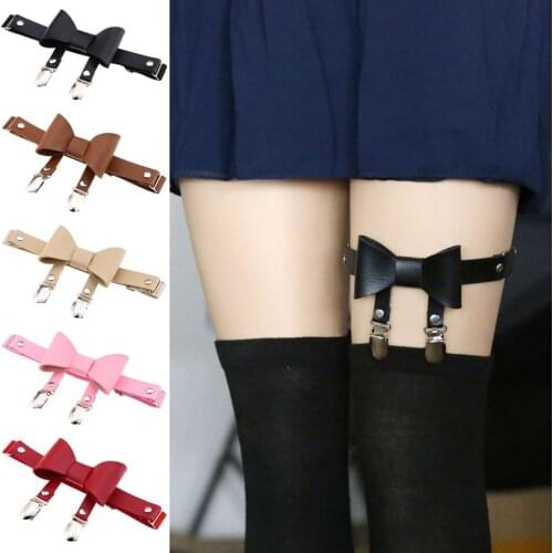 Sexy Punk Gothic Leather Suspenders Socks Belt Leg Ring Thigh Stockings Elastic Bow Knot Garter Belt with 2 Straps