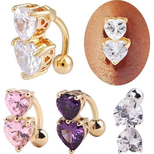 Fashion Cute Reverse Crystal Zircon Bar Belly Ring Gold Body Piercing Button Navel Two Hearts