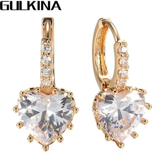 Gulkina Fashion Simple Heart Natural Zircon Drop Earrings For Women 585 Rose Gold Bridal Crystal Earrings Wedding Jewelry Gifts