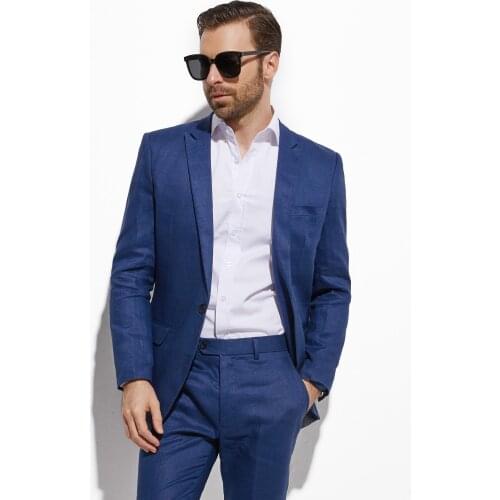Custom Linen Suit Men Custom Made Suits Light Navy Blue Slim Beach Bespoke Wedding Suits For Men Breathable Costume Sur Mesure