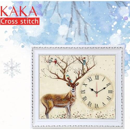 KAKA Cross stitch kits Embroidery needlework sets with printed pattern,11CT canvas,Home Decor for garden House,5D Clock Elk