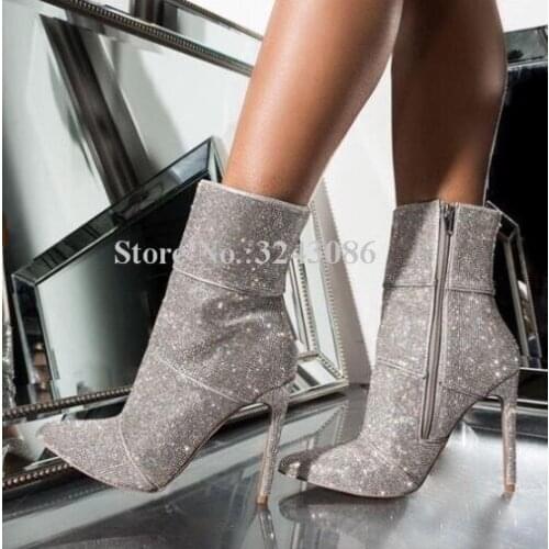 New Silver Bling Bling Woman Ankle Boots Fashion Design Stiletto Heel Knee High Boots Sexy Lady Thigh High Boots Dropship