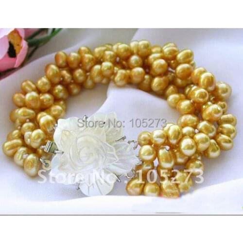 Charming! 4Row AA 5-7MM Yellow Rice Freshwater Cultured Pearl Bracelet Shell Flower Clasp Fashion Jewellery Free Shipping FN2054
