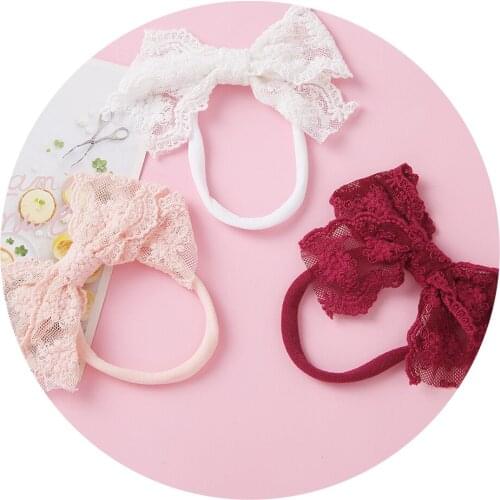 Solid Lace Hair Bow Nylon Headband For Girls Hair Clips Baby Accessories Kid Lace Bows Hollow Headwear Baby Hair Accessories