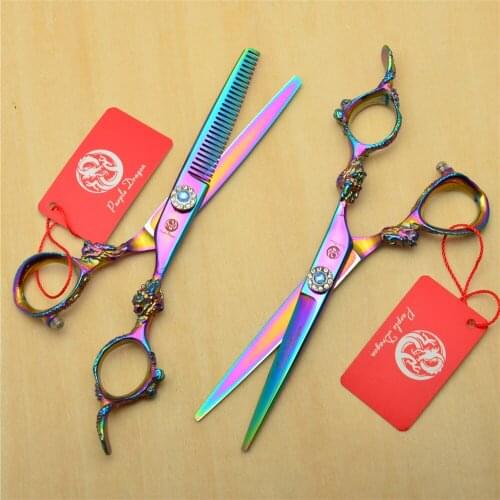 2Pcs 6 Inch Purple 440C Professional Human Hair Hairdressing Scissors Cutting Shears + Thinning Scissors Big Dragon Handle Z9004