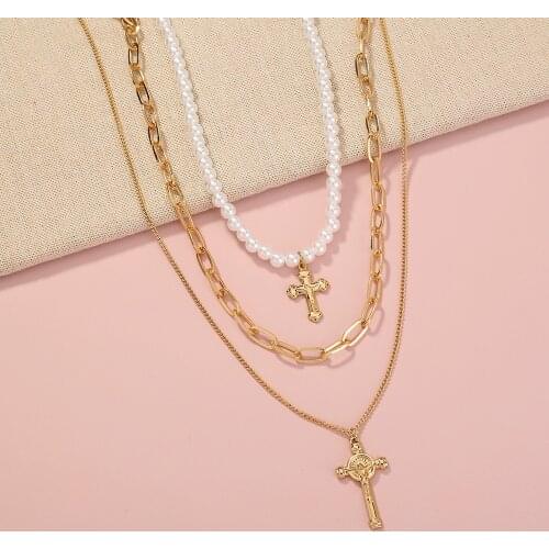 Romantic Multi-Layer Cross Pearl Necklace for Women Pendant Clavicle Chain INS Teen Girl Friend Dating Jewelry 2021 Collier