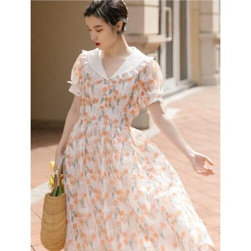 French Retro Tulip Aesthetic Romantic Fairy Dress Robe Femme Lace Lapel Cute Puff Sleeve Kawaii Dress Vestido