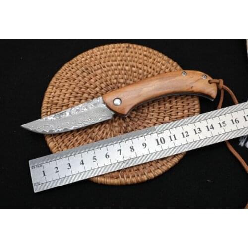 Damascus Knife Pocket Folding Knife Outdoor Fruit Knife Holster Hunting Foldable Wood Handle Jungle Utility Knife Kitchen EDC