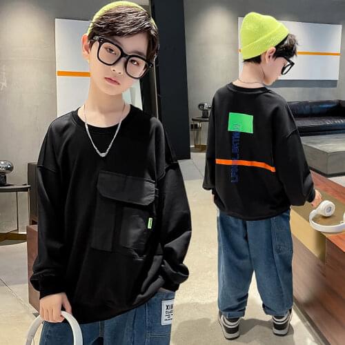 Teen Boys Black Sweatshirt Spring Autumn Long Sleeve Children Boy Tops Letter Print Bottoming Shirt Kids Pullover 6 8 10 12 14 Y