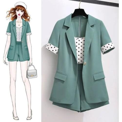 2021 New Summer Women Three Piece Sets Office Polka Dot Tops + Shorts Solid Pants Female Work Ladies Suit Casual Plus Size Y386