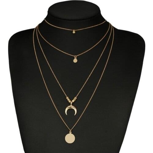1PC Multilayer Choker Horn Long Crescent Moon Pendant Necklace Chain Jewelry Women