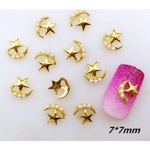 10Pcs/Lot 7*7mm Gold Moon Star with Pearl Metal Alloy Nail Art Decorations Nail Stickers/Deco/Charms for Manicure