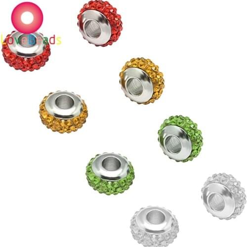 20Pcs Crystal Rhinestone Pave European Beads Silver Plated Core Big Hole Rondelle Slide Charm Bracelet Jewelry Making Supplies