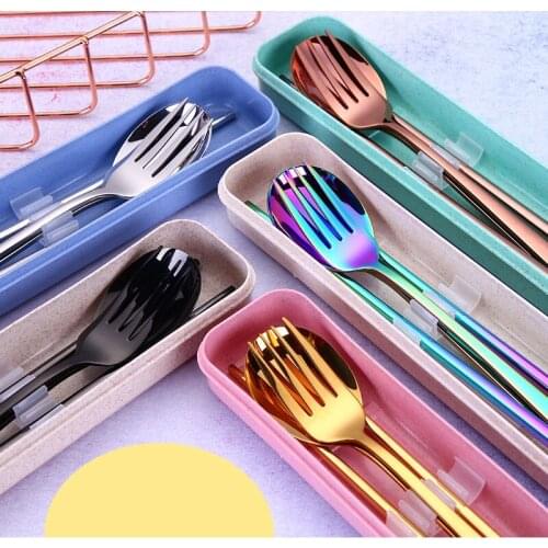 5pcs 304 Food Stainless Steel Resuable Spoon Fork Chopsticks Tableware Set Cutlery Set Dinnerware Sets Kitchen Table Dinner Set
