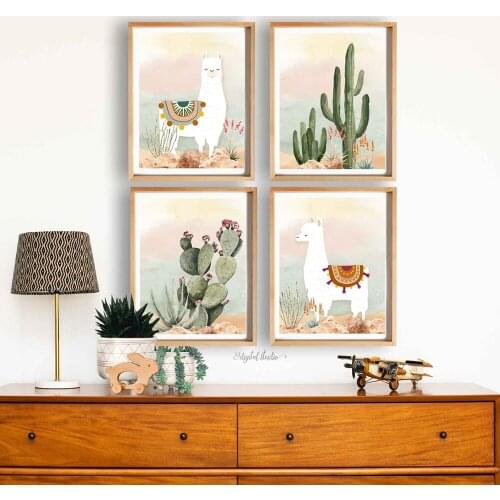 Alpaca and Cactus Desert Canvas Painting Wall Art Nordic Posters and Prints Wall Pictures for Living Room Decoration Frameless