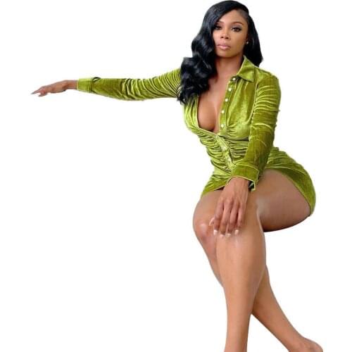 Velvet Pleated Turn-Down Collar Button Blouse Dress Women Sexy Long Sleeve Mini Dresses Solid Streetwear Female Shirt Vestidos