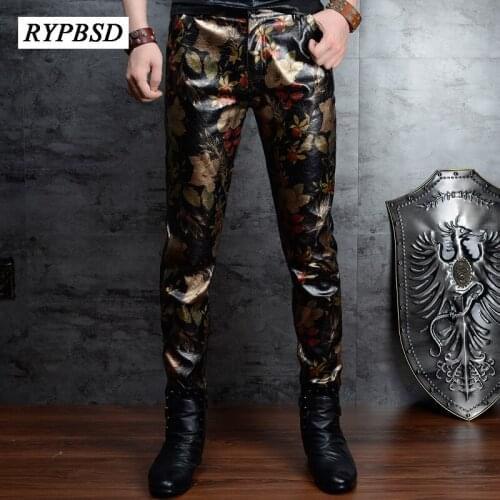 Leather Pants Men 2020 Fashion High Quality Print Gold Flower Biker Leather Korean Zipper Slim Men Leather Skinny Pants Trousers