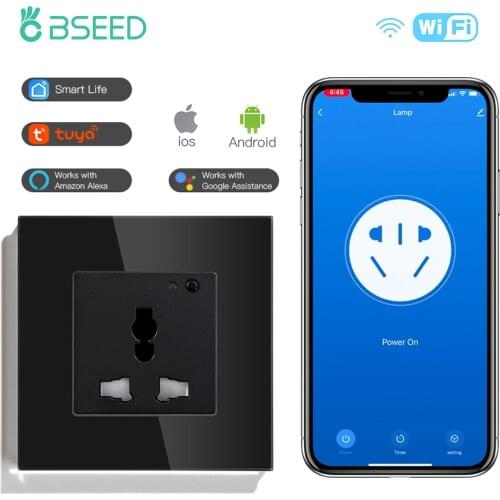 BSEED Wifi Control Multifunction Socket Wall Smart Outlet With Crystal Panel Black White Golden Wall Socket 13A For Smart Home