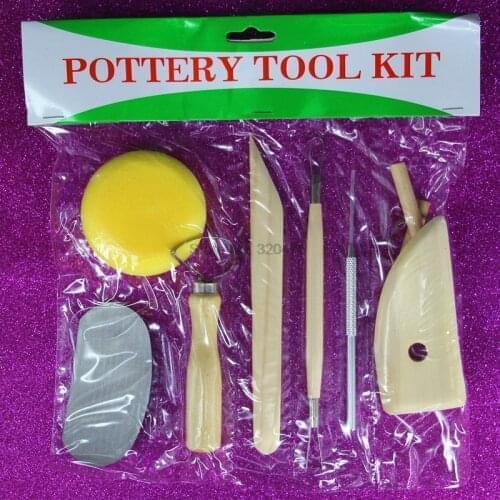 DHL 200set high quality 8pcs/set Wooden Handle Pottery Tools Stainless Steel Pottery Ceramics Clay Sculpture Modelling Kit