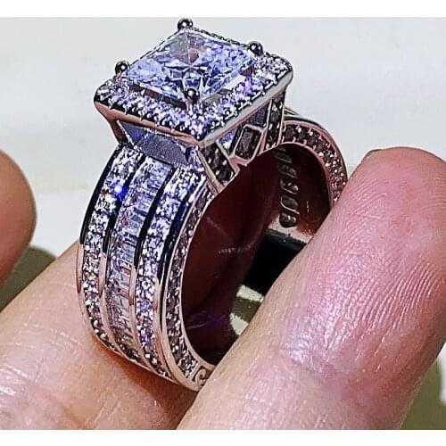 Drop Shipping Luxury Jewelry High Quality 925 Sterling Silver Princess Cut White 5A Zircon Party Stack Women Wedding Band Ring