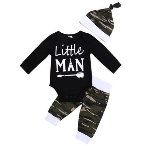 Baby Suit!!3Pcs Newborn Toddler Baby Boys Tops Bodysuit+ Camo Pants +Hat Outfits Set Clothes Size 0-18M