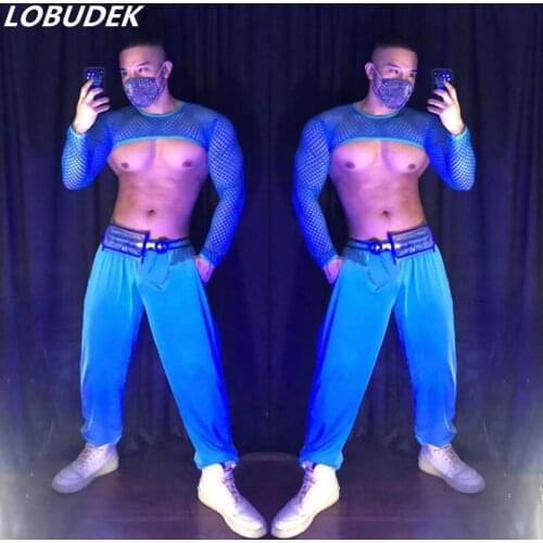 Sexy Nightclub DJ Male Singer Hollow Gogo Costume Blue Net lattice Tops Pants Outfit Bar Dance Team Pole Dancing 2 Piece Costume