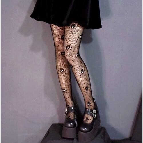 Cool Girl Vintage Gothic Lolita Skull Heads Jacquard Silk Stockings Womens Sexy Punk Hollow Lace Pantyhose Female Mesh Socks Co