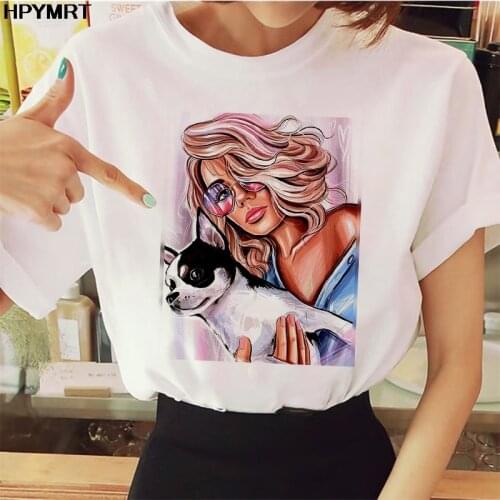 Fashion girl and dog Summer New Harajuku T Shirt women O-Neck Punk Aesthetics Tshirt Printed Casual Short Sleeve Streetwear Tops