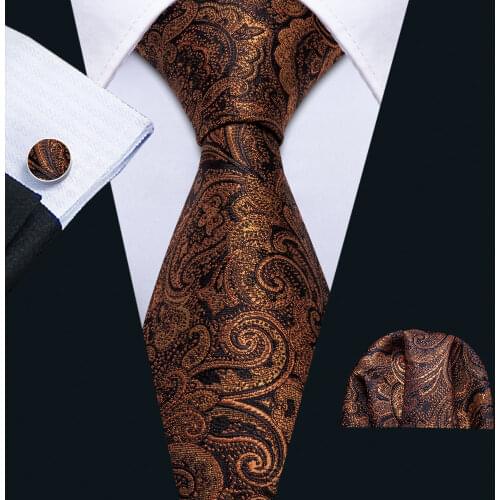 Barry.wang Men Silk Necktie Gold Paisley Tie Set Handkerchief Cufflinks Floral Yellow Neck Tie Woven Designer Suit FA-5157