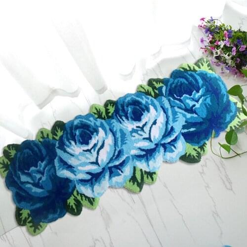 Non-slip High Quality Hand Woven Blue Roses Art Rug Carpet 3D Art Mat for Bedroom bedside, Living Room Rugs Kitchen Doormat