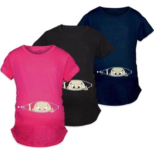 New summer large size pregnant woman cartoon baby print staring at womens wear pregnant women short-sleeved T-shirt funny shirt