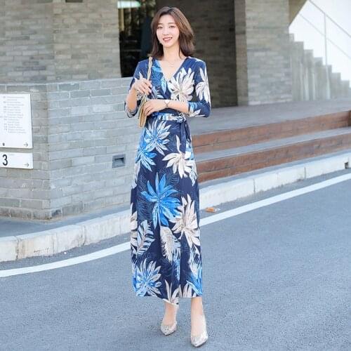 New arrival fashion long dress women elegant beach vacation half sleeve sexy v-neck print split slim floral wrap a-line dress