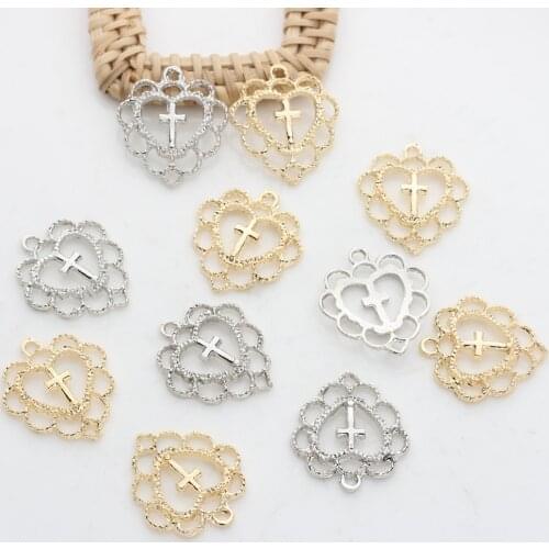 20mm 10pcs/lot Zinc Alloy Gold Hollow Sweet Heart Cross Religious Lace Charms For DIY Jewelry Making Earrings Accessories