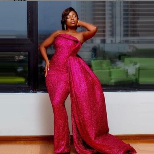 Rose Red Strapless Prom Dresses Simple Long Formal Party Gown Arabic Aso Ebi Muslim Sequins Mermaid Evening Dresses Plus Size