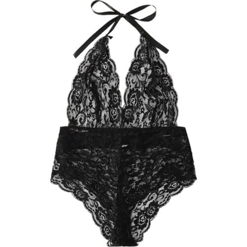 Sexy Lingerie Women Lace One-piece Pajamas Halter Plunging Bodysuit Teddy Sleepwear Underwear Plus Size