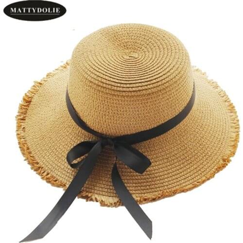 MATTYDOLIE Summer domed straw hat ladies' travel leisure beach sun hat breathable fashionable bow tie girls hat can be folded