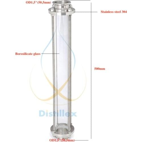 1.5" OD 50.5mm Glass Spool Pipe L=500mm (25"). Long Diopter, Sight Glass Tower