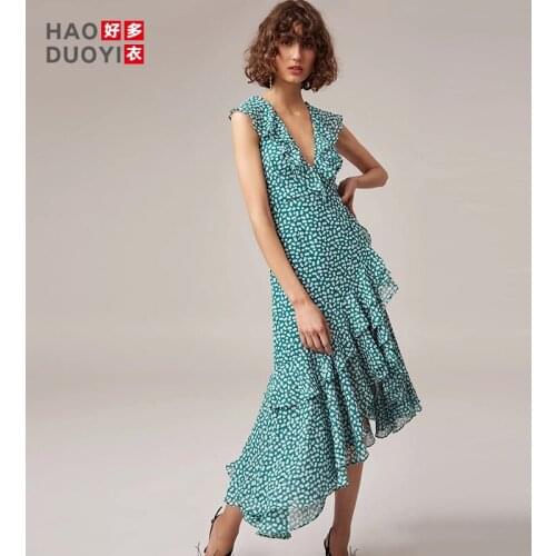 Temperament Blue Floral Dress Sexy Deep v Irregular Ruffle Skirt Sleeveless Dress