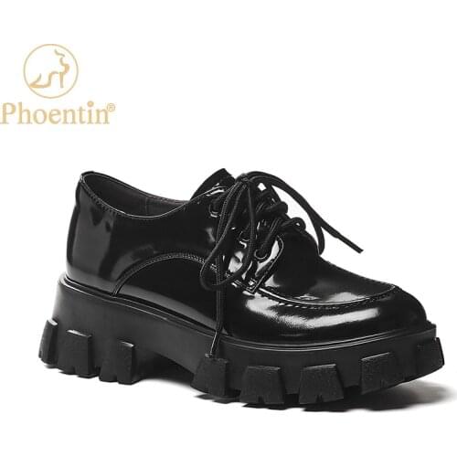 Phoentin cow leather platform shoes women 2020 autumn thick bottom lace up middle heels round toe comfortable pumps shoes FT1041