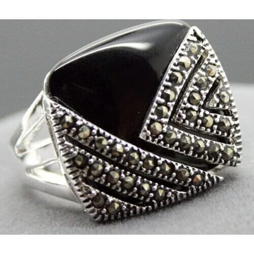 Unsex 14*15mm Square Natural Black Natural jade Marcasite 925 Sterling Silver Ring Size 7/8/9/10